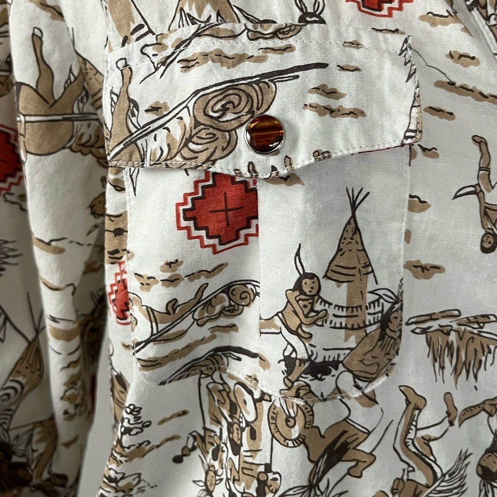Tasha Polizzi Western Print Rolled Sleeve Tunic With Pockets White Brown Size M - Picture 10 of 16